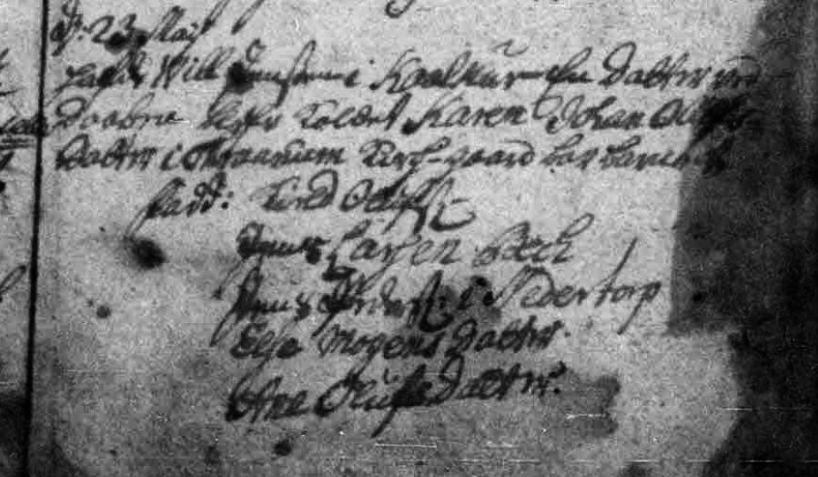 Udsnit af kirkebog, Daab af Karen Villadsdatter 1734